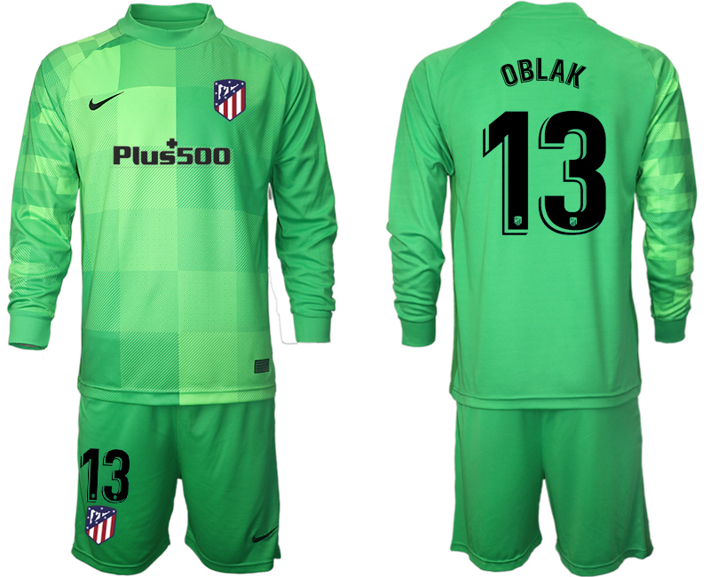 Men 2021-2022 Club Atletico Madrid green goalkeeper Long Sleeve #13 Soccer Jersey